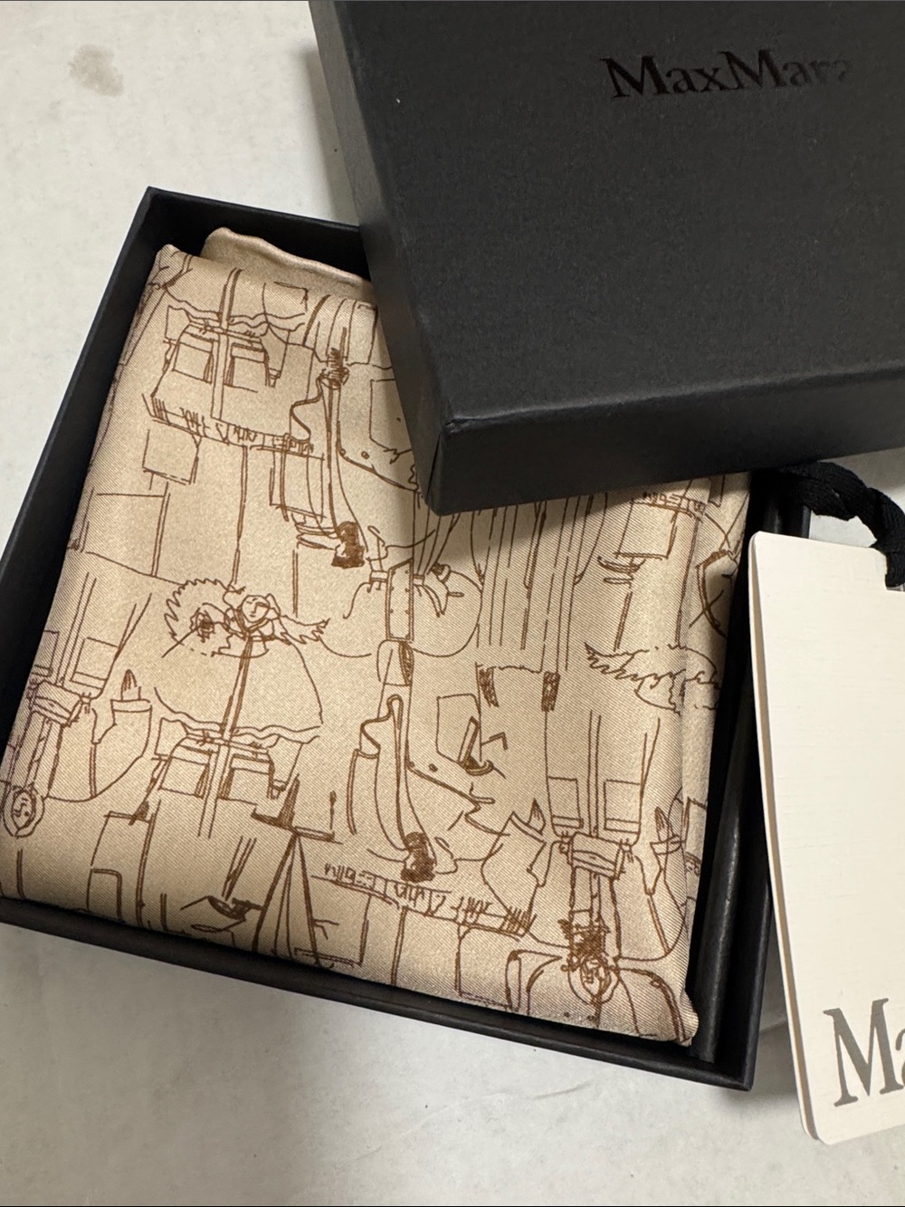 MaxMara Cream and Brown Illustrated Silk Square Scarf